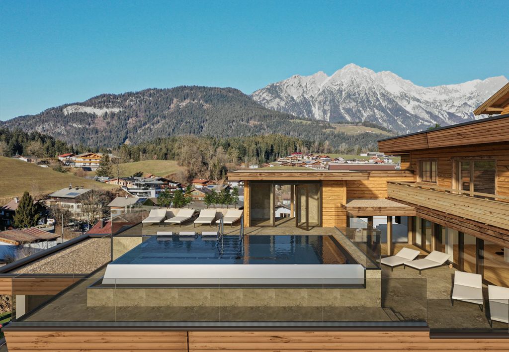 Adults Only: Der neue Infinity-Pool - Bleibt den Erwachsenen vorbehalten: Im zweiten Obergeschoss entsteht der Infinity-Pool mit einer grandiosen Aussicht. Ebenfalls auf dieser Etage: Fitnessraum mit professionellen Trainingsgeräten - © Der Postwirt in Söll