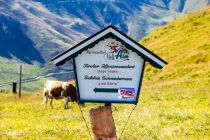 Ein Schild zur Melk-Alm mit dekorativer Kuh.  • © skiwelt.de - Silke Schön