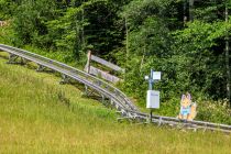 Das Maskottchen Kolbi steht an den Schienen des Alpine Coasters in Oberammergau. • © skiwelt.de - Christian Schön